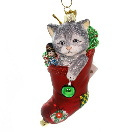 Christmas Kittens Stocking - Noble Gems CAT IN STOCKING ORNAMENT Glass Christmas Doll Kitten Nb1370 Grey