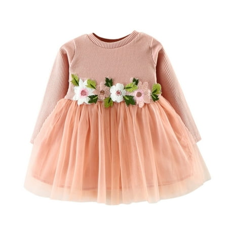 

Toddler Kids Girls Floral Ribbed Long Sleeve Mesh Embroidered Tulle Ball Gown Dress Princess Clothes Lace Dress for Bridesmaid