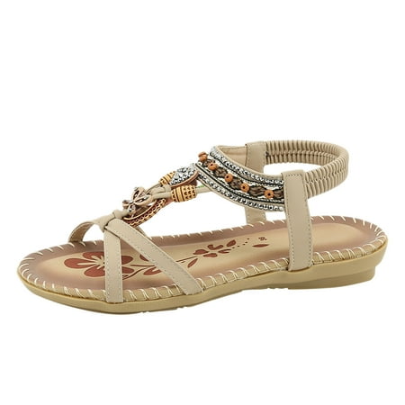 Fashion Women Casual Open Wedges Sandals for Women Toe Flat Rhinestone Comfortable Womens Leather Sandals Soft Bottom Breathable Elastic Born Sandals for Women Band Shoes Sandals