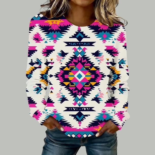 TaTaai Ladies Retro Western Fashion Print Round Neck Regular Shoulder Long Sleeve Sweatshirt Casual Loose Soft Top for Daily Streetwear Office Gift