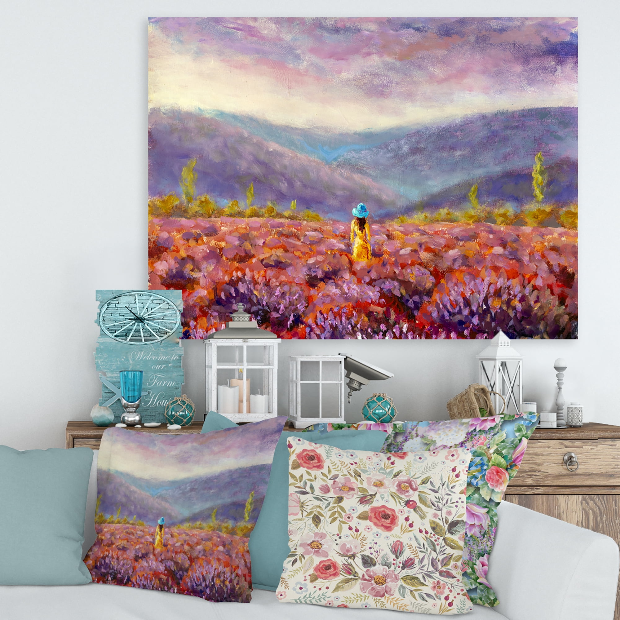 Designart ' Girl In Yellow Dress & Hat Walking Through Fields ' Traditional Canvas Wall Art Print