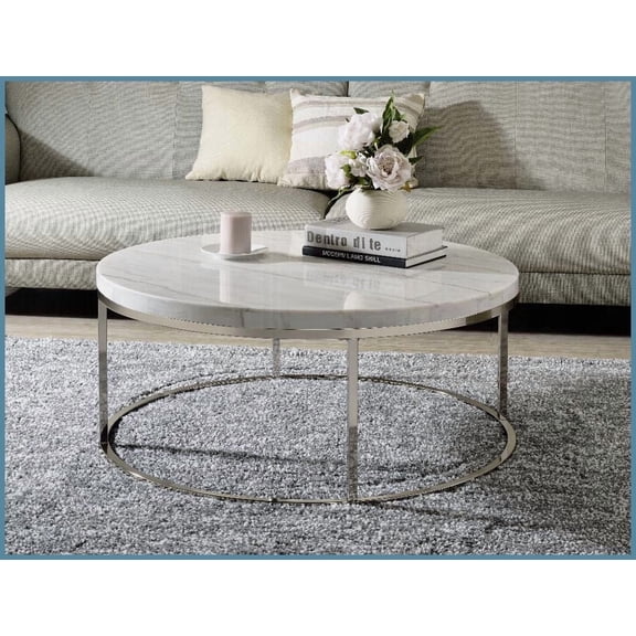 Round Natural Marble Coffee Table with Nickel Finish – Modern Living Room Centerpiece, Durable & Timeless Aesthetic
