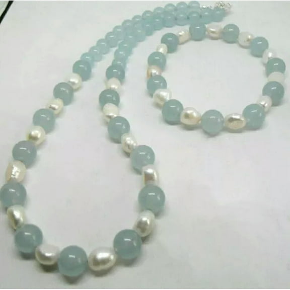 K-KED Natural White Freshwater Baroque Pearl &Aquamarine Necklace Bracelet Earring Set-Necklace Bracelet