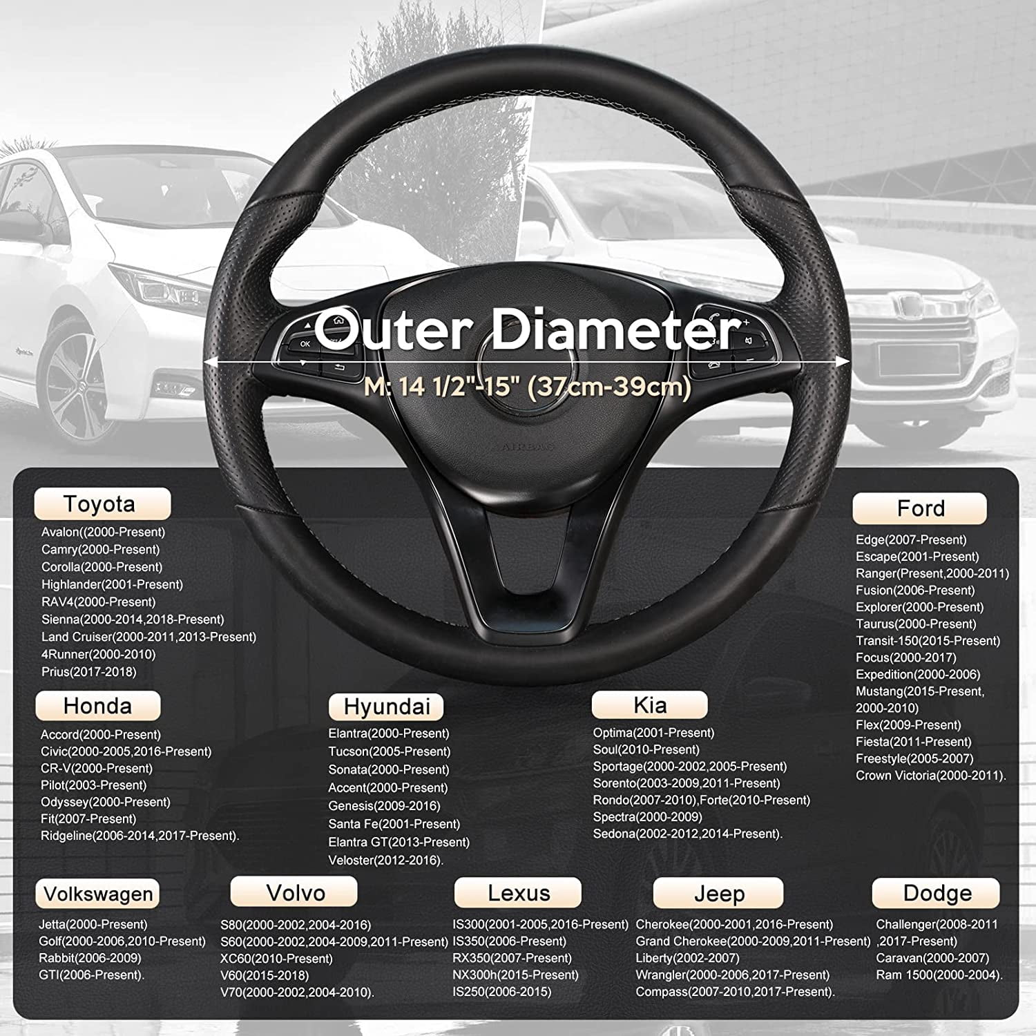 SEG Direct Car Steering Wheel Cover for All Standard-Size Steering Wheels with 14 1/2 inches - 15 inches Outer Diameter, Beige Microfiber Leather