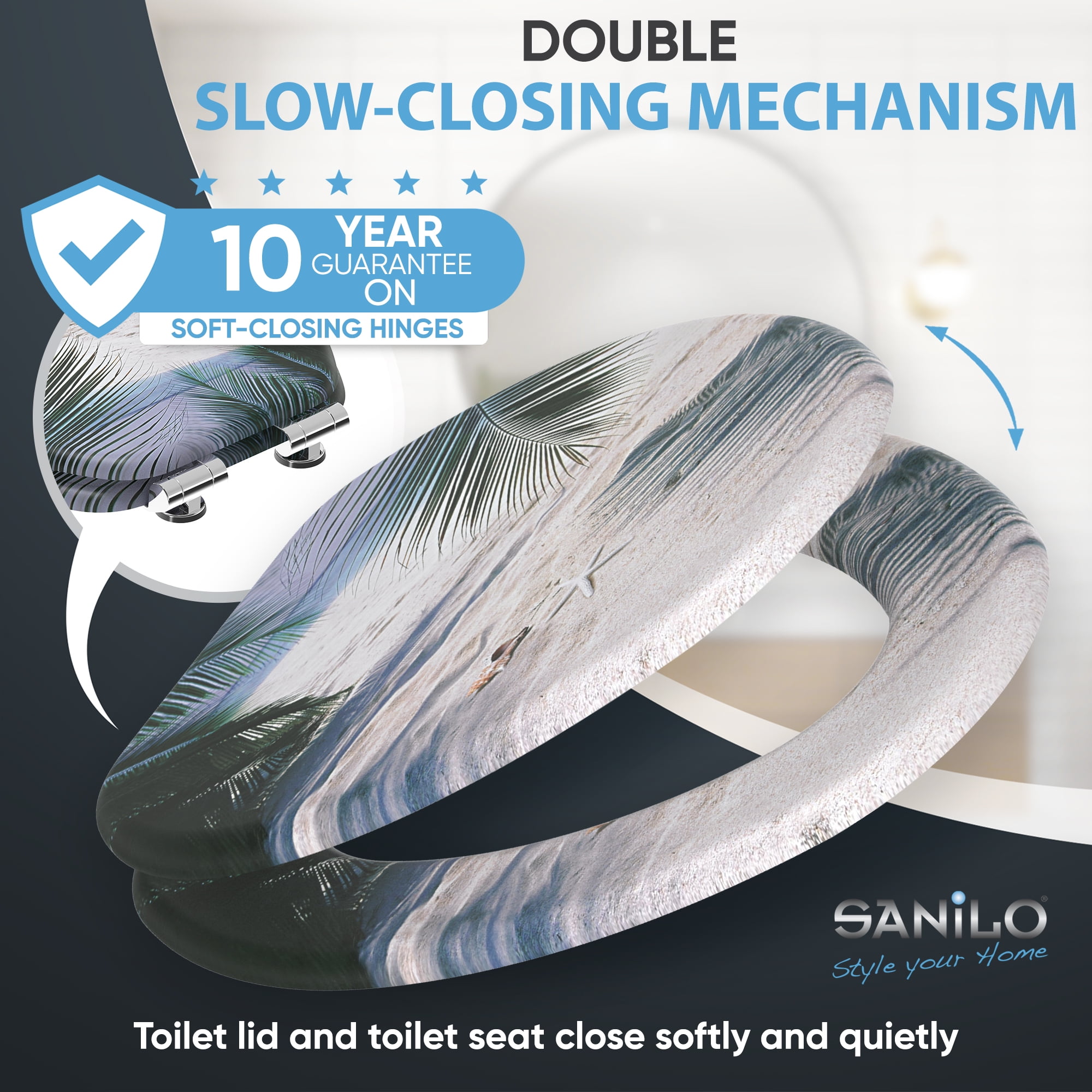 Sanilo Soft Close Toilet Seat ELONGATED, Quiet and Slow Close Lid and Seat, Strong Bumpers and Hinges, Beach