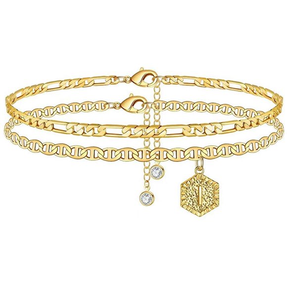 Initial Ankle Bracelets for Women, 14K Gold Plated Double Layered Initial Anklets Jewelry for Women Teen Girls
