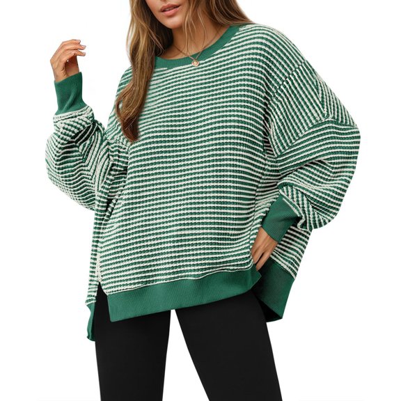 Sweatshirt for Women Waffle Knit Sweatshirts Striped Pullover Tops