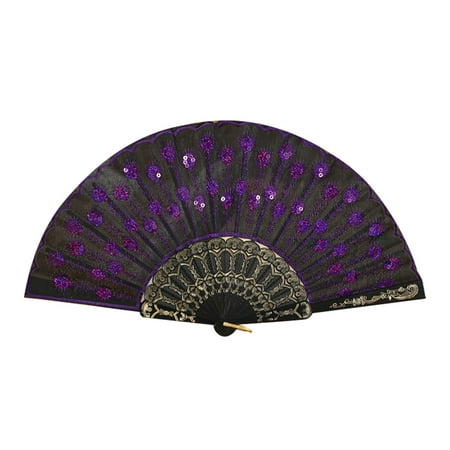 

KUNyu Peacock Tail Sequin Pattern Handheld Folding Fan Crafts Wedding Party Home Decor