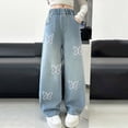 thumbnail image 2 of TOWED22 Girls Baggy Jeans, Ripped Butterfly Patch Denim Pants, Casual Loose Fit Wide - Leg Trousers for Kids,Light Blue,15-16 Y, 2 of 9
