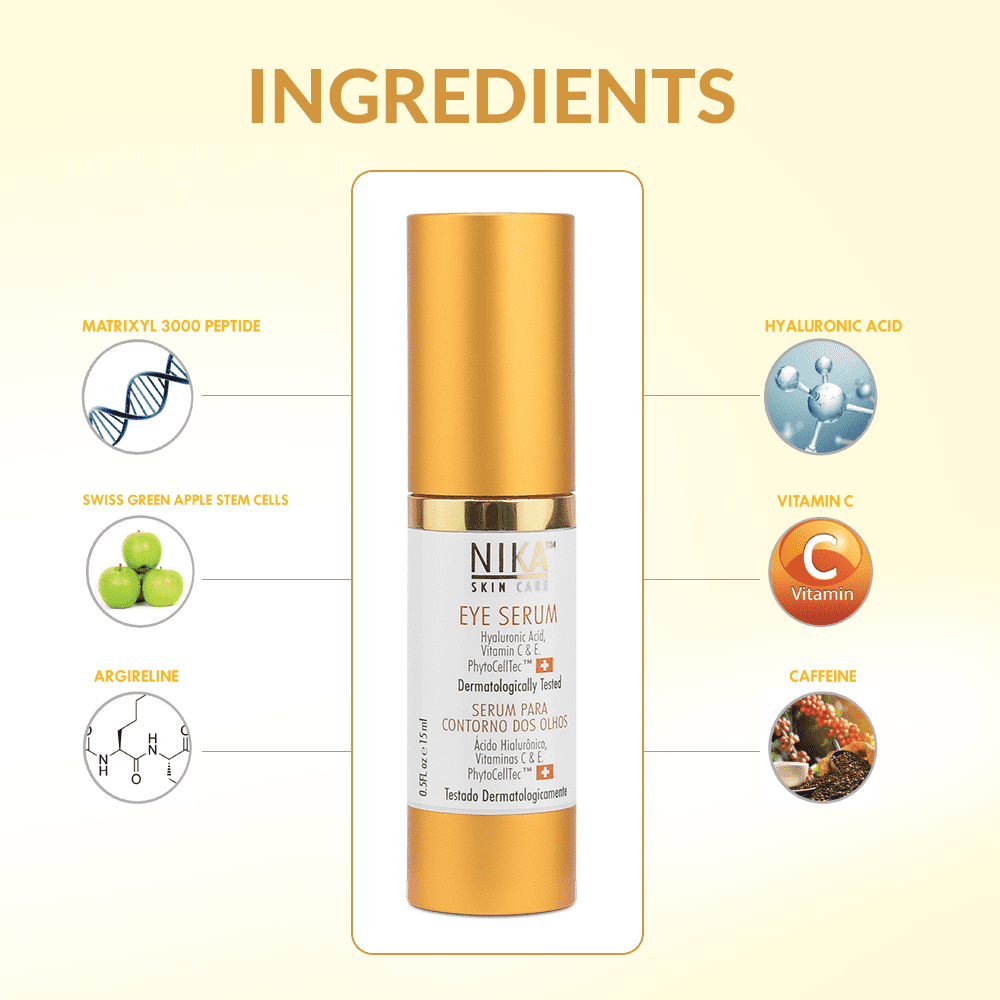 NIKA SKIN CARE - Eye Serum with Vitamin C & E, Hyaluronic Acid, Caffeine, and Swiss Apple Stem Cells - Day & Night