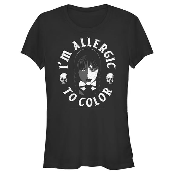 Junior's Wednesday I'm Allergic to Color Skulls Graphic Tee Black Large