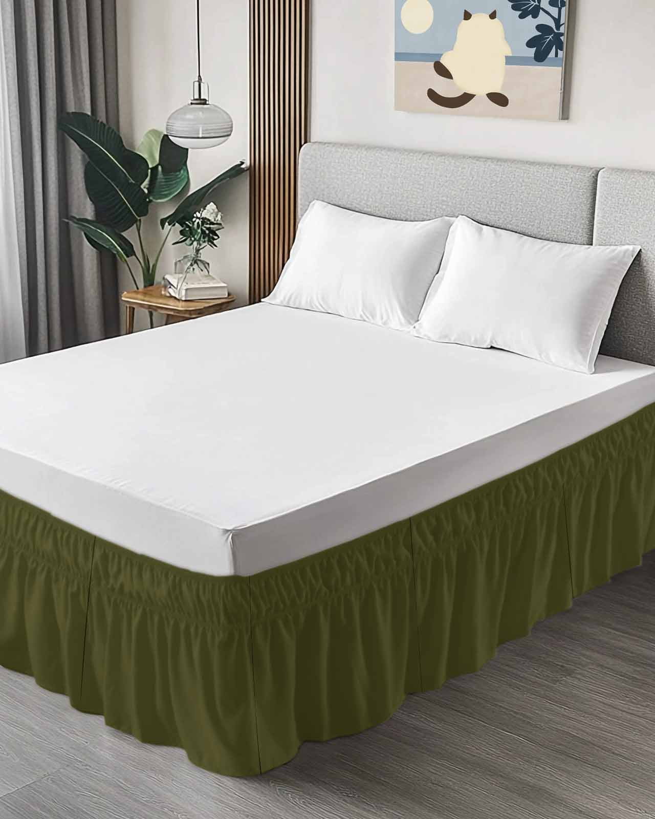 Olive Green Bed Skirt California King Size 18" Drop Solid Color Ruffled Wrap Around Bed Skirts Adjustable Elastic Bedskirt Dust Ruffle for California King Size Bed