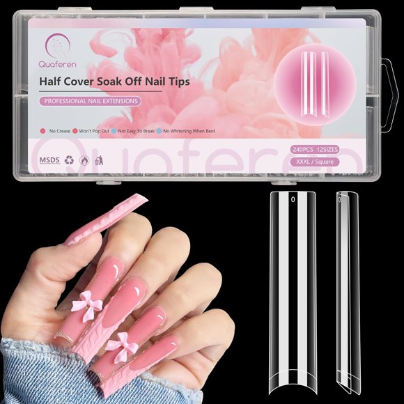 shiyou-Clear No C Curve Nail Tips for Acrylic Nails Professional, 240Pcs XXXL Extra Long Tapered Square Straight Acrylic Nail Tips, Half Cover French Nail Extension False Nails for Manicure Nail Art