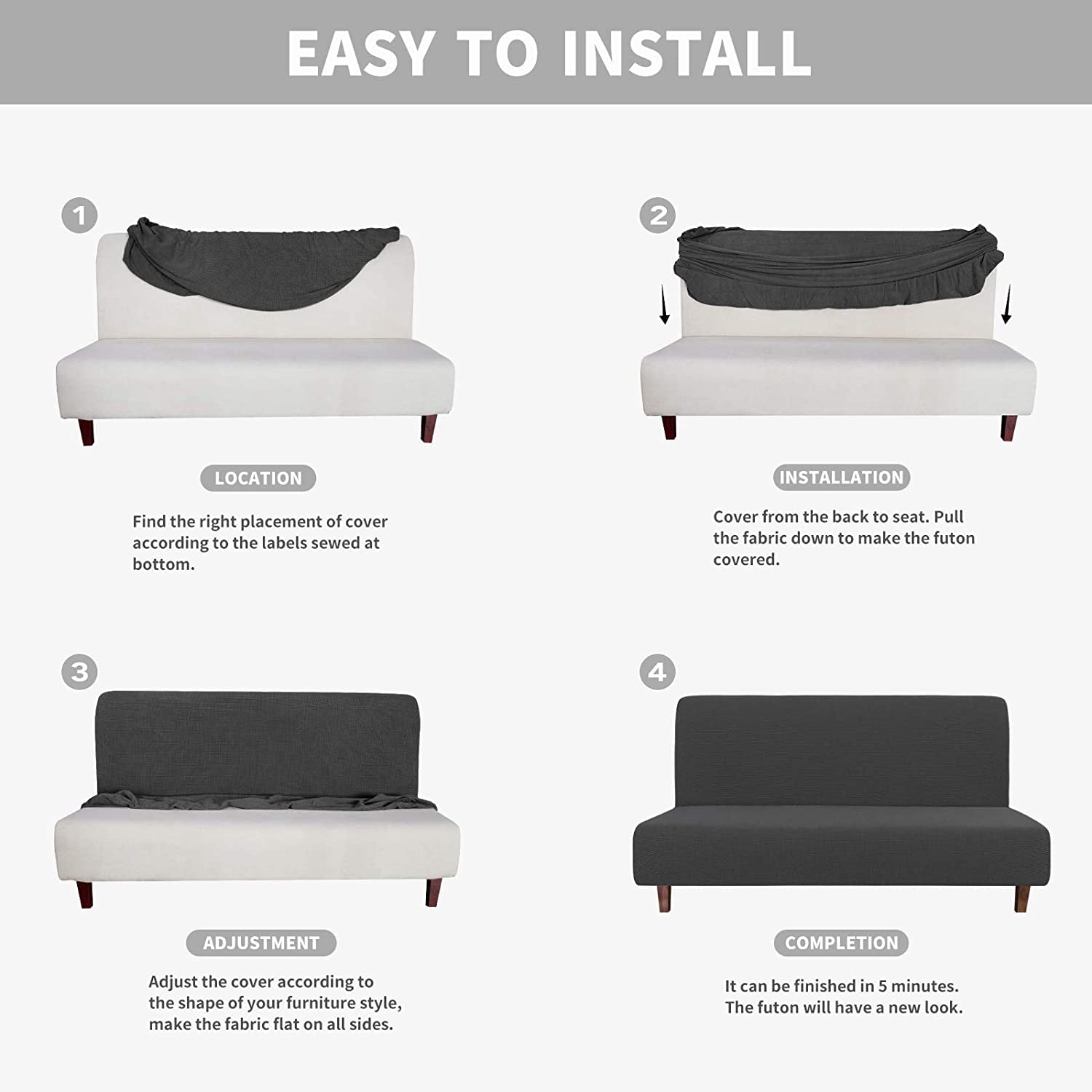 Waterproof Futon Cover Stretch Jacquard Sofa Protector, Leakproof Furniture Cover for Kids and Pets, Non-Slip Futon Slipcover Dark Gray