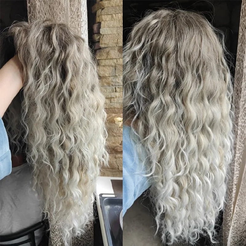 28 inch Long Ombre Blonde Curly Wigs for Women Gradient Color Ash Blonde Wig in Synthetic Hair