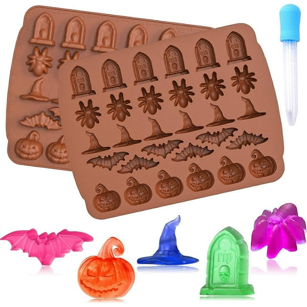 Halloween Candy Gummy Molds, 2 Pcs 30 Cavity Halloween Molds Silicone with 1 Pcs Dropper for DIY Halloween Gummies, Candy, Jelly, Chocolate, Jello