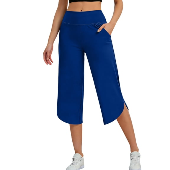 Oiangi Womens Capri Yoga Pants with Pockets High Waist Stretchy Workout Capris Casual Curved Hem Cropped Trousers Purple L