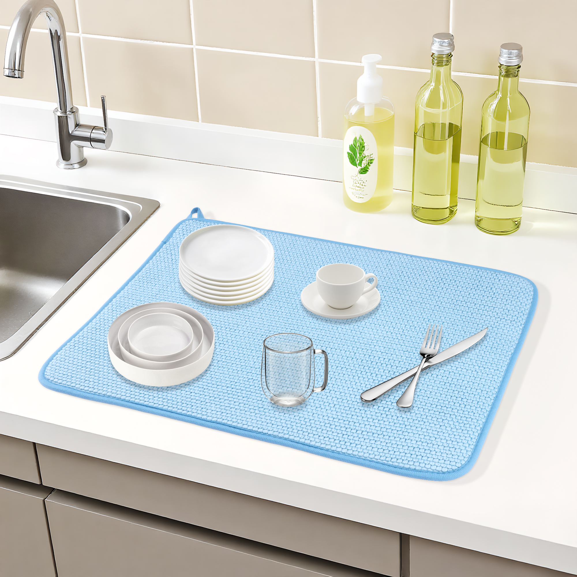 Unique Bargains Absorbent Microfiber Kitchen Drying Mat for Dishes Blue 19.7*15.0 in