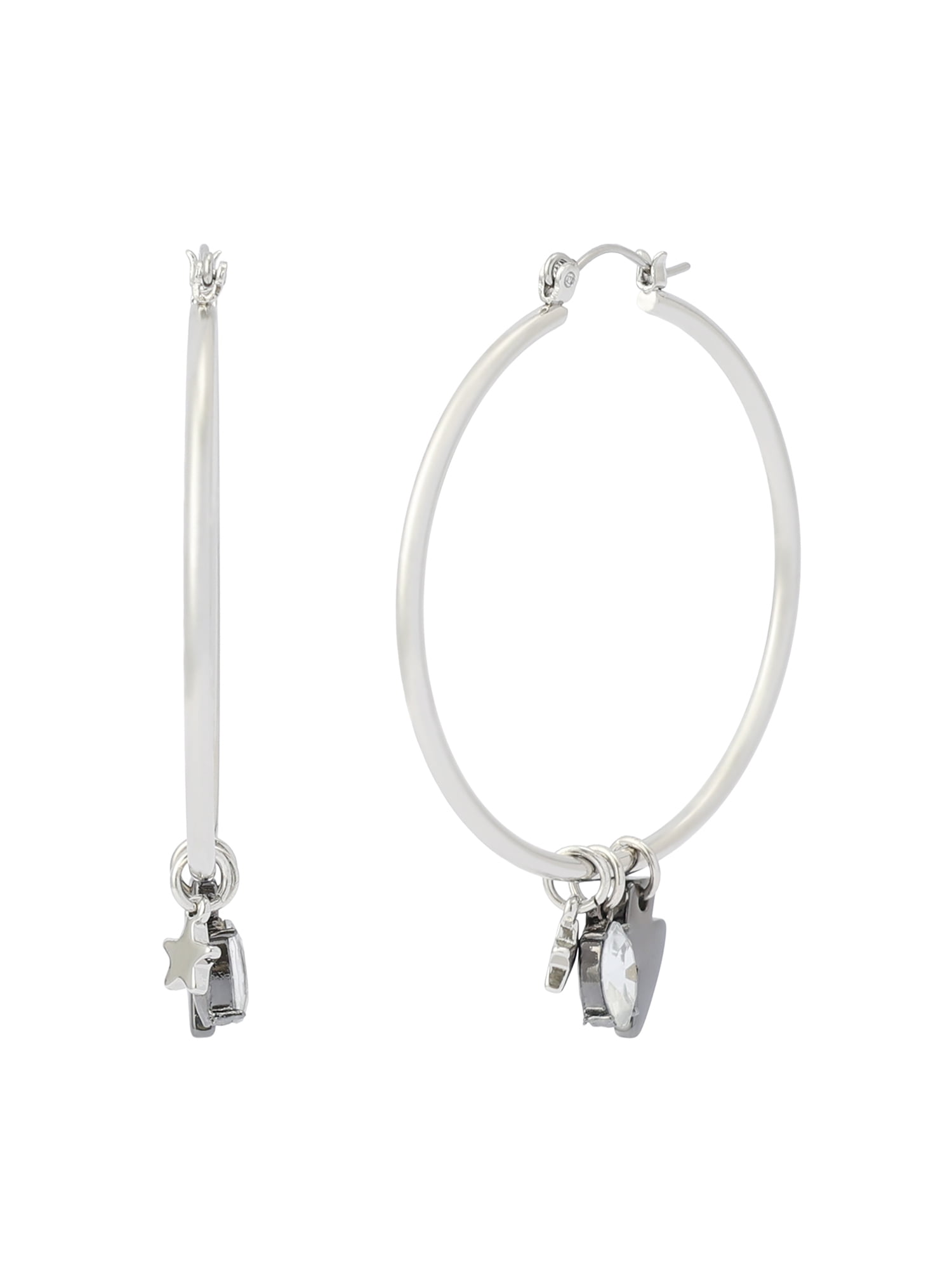 Madden NYC Women's Fashion Rhodium Lightning Bolt Charm Hoop Earrings