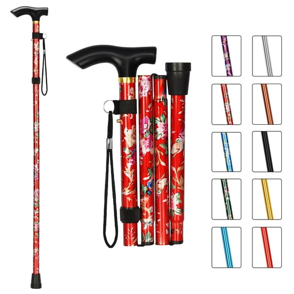 Bastón plegable MFE, portátil, ajustable en 5 niveles de altura, con diseño plegable, correa de muñeca y mango en T para hombres y mujeres (floral rojo)