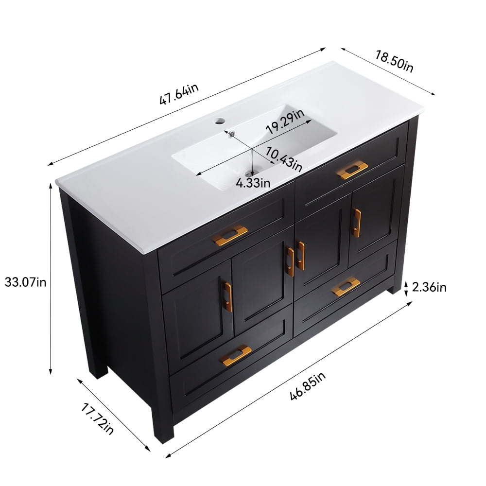 48" Black Bathroom Vanity with Sink, Solid Wood Cabinet, 4 Doors & 4 Drawers, Soft Close, Modern Storage Vanity Combo