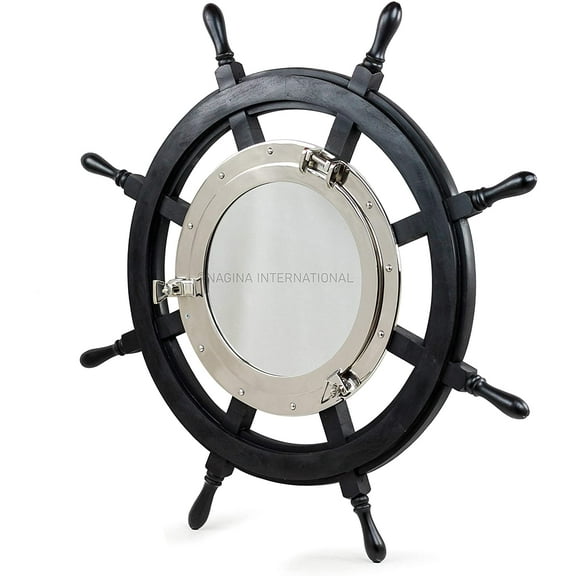 Nagina International 24" Premium Matte Black Solid Wood Pirate's Ship Wheel with 10" Aluminum Polished Porthole Mirror | Captain's Maritime Beach Home Decor
