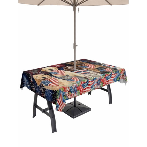 Outdoor Tablecloth with Umbrella Hole for Patio/Picnic/Party/Camping, 4th of July Fireworks Waterproof Table Cloth Rectangle Table Cover Washable, Independence Day Dogs Poppy Floral (60"x 102")