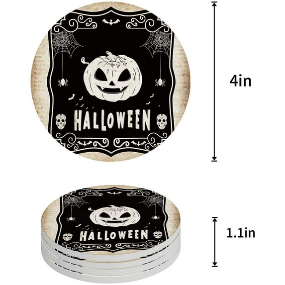 FMSHPON Halloween Bat Scary Pumpkin Set of 6 Round Coaster for Drinks, Absorbent Ceramic Stone Coasters Cup Mat with Cork Base for Home Kitchen Room Coffee Table Bar Decor