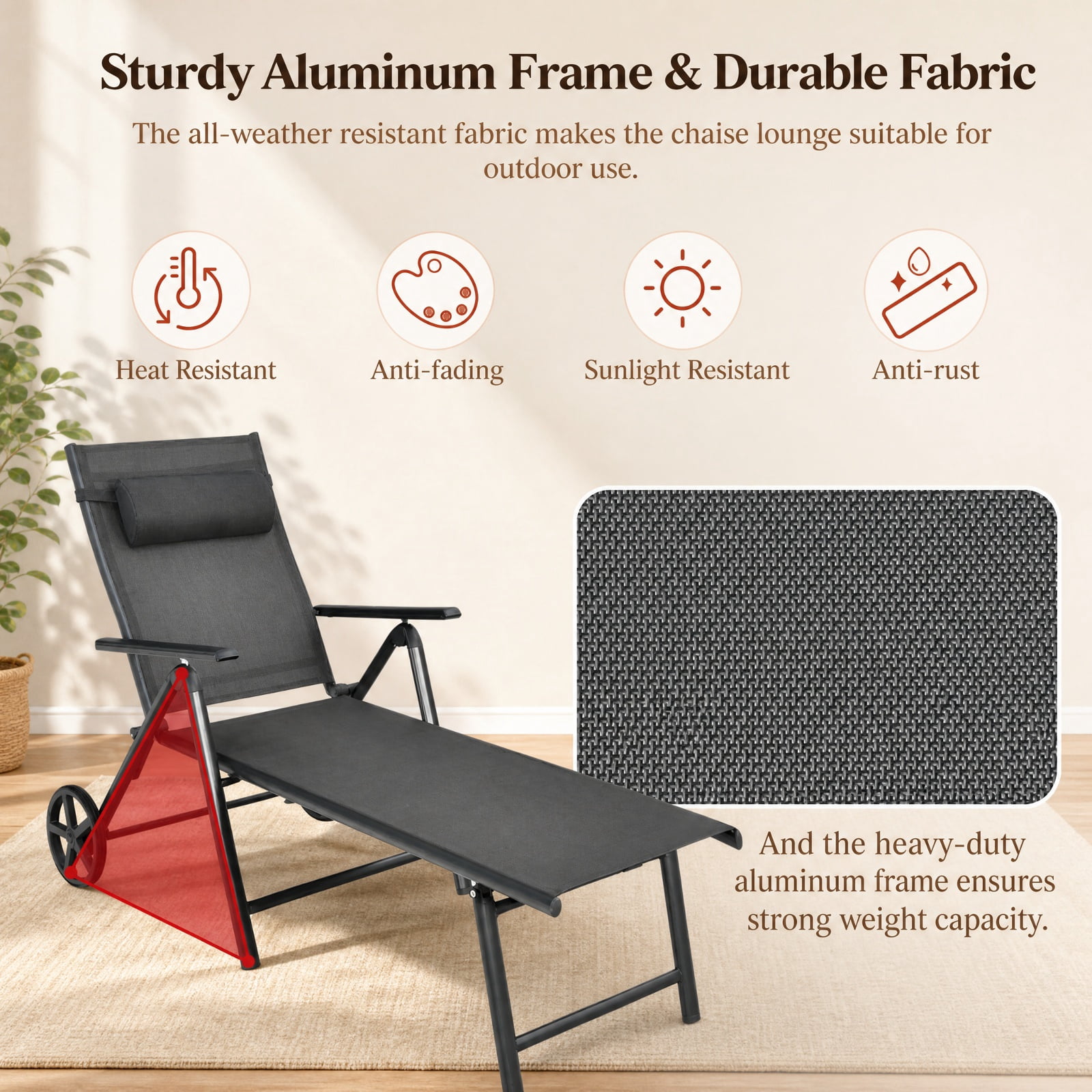 Furnibear Patio Lounge Chair with Wheels Neck Pillow 7 Position Backrest and Rustproof Aluminum Frame for Poolside Backyard and Patio, Gray