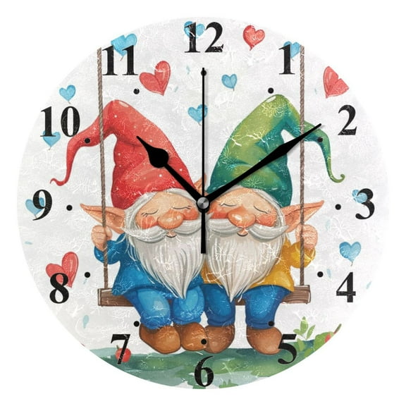 Gnomes Hearts Swing Black 10 inch Wall Clocks Non Ticking Easy to Read Battery Decorative for Home Bathroom Kitchen Bedroom Living Room