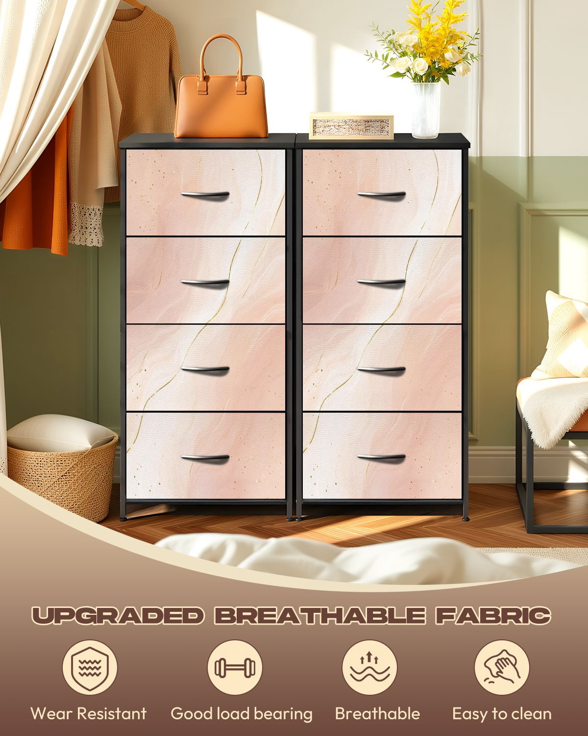 Kanworse 4 Drawer Fabric Dresser for Bedroom Abstract dusty rose blush liquid Chests of Drawers for Closet Organizers Storage