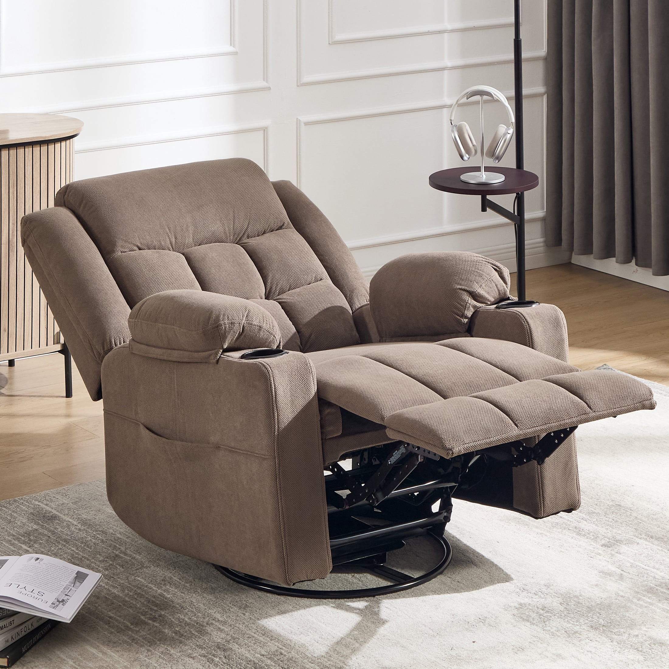Swivel Rocker Recliner Chair for Adults with Massage and Heat, Cup Holders and Side Pockets, Glider Rocking Reclining Single Sofa Chair for Living Room (Coffee)