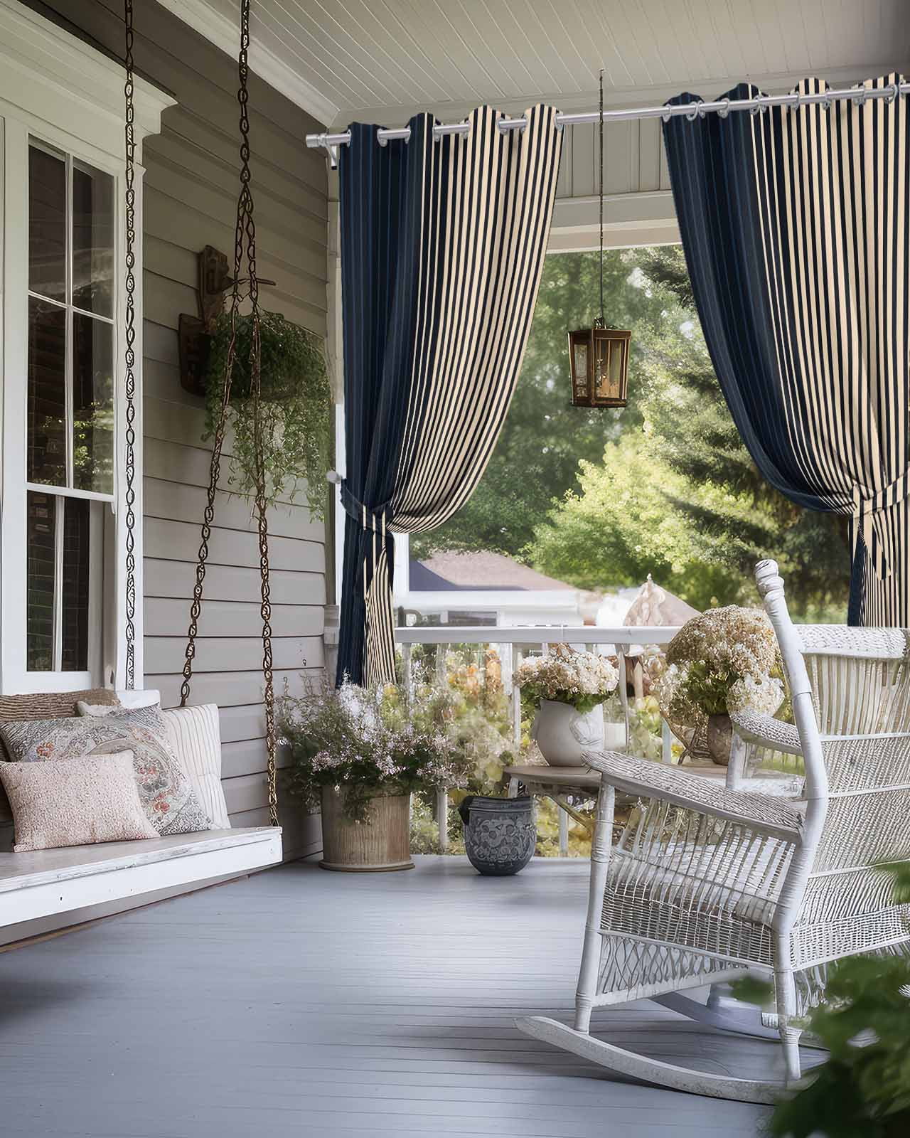 Navy Blue Black Stripe Outdoor Curtains for Patio, Contemporary Clean-lined Abstract Privacy Drapes Grommet Waterproof Outside Curtains for Porch/Cabana/Balcony 54"x 108", 1 Panel