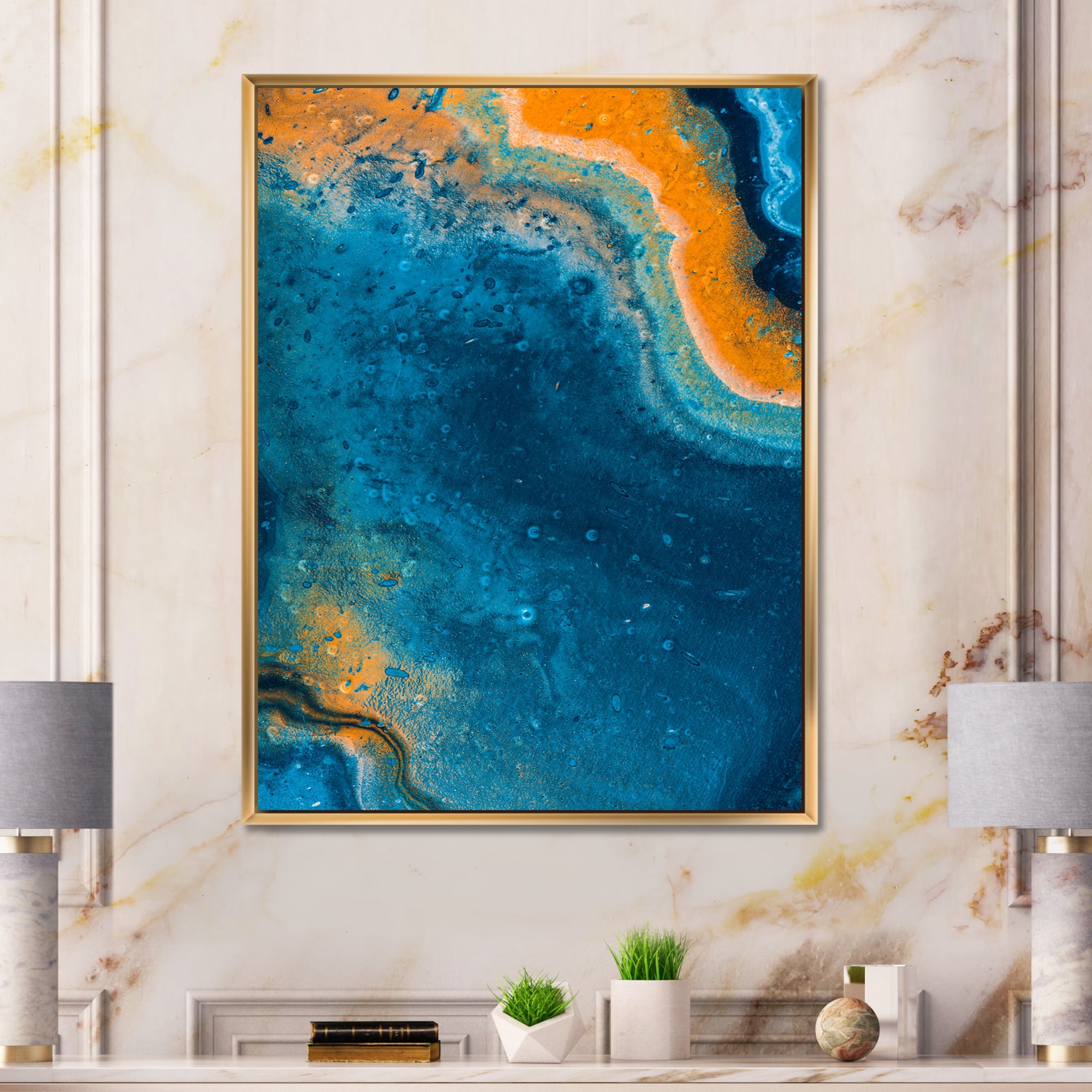 Abstract Marble Composition In Orange and Blue V 24 in x 32 in Framed Painting Canvas Art Print, by Designart