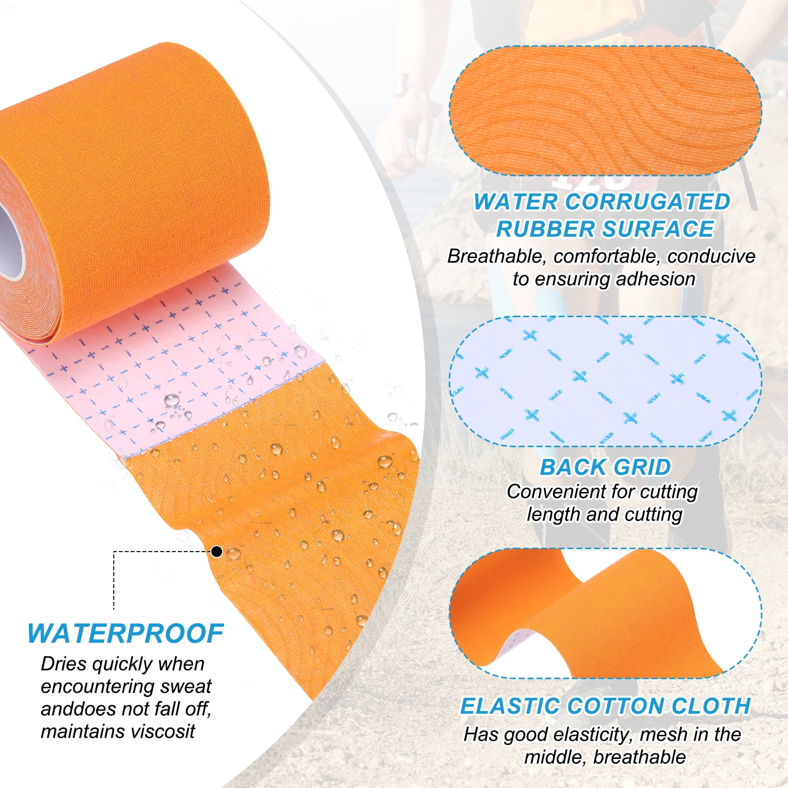 Uxcell 5.5 Yard x 3 Inch Kinesiology Tape, Adhesive Cotton Sports Muscle Support Tapes Waterproof Elastic Tape Orange 3 Roll