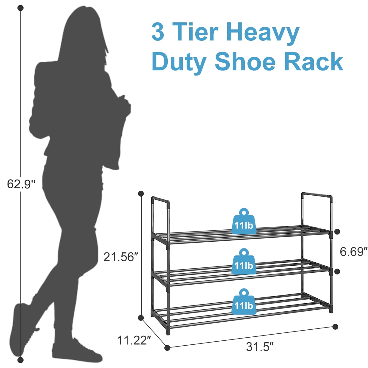 Fiuion Shoe Rack Multi-tier Metal Shoe Racks 12 Pairs Shoe Organizer Storage Freestanding Stainless Steel Shoe Shelf for Closet, Hallway, Entryway, Black, 3-Tier, 31.5in