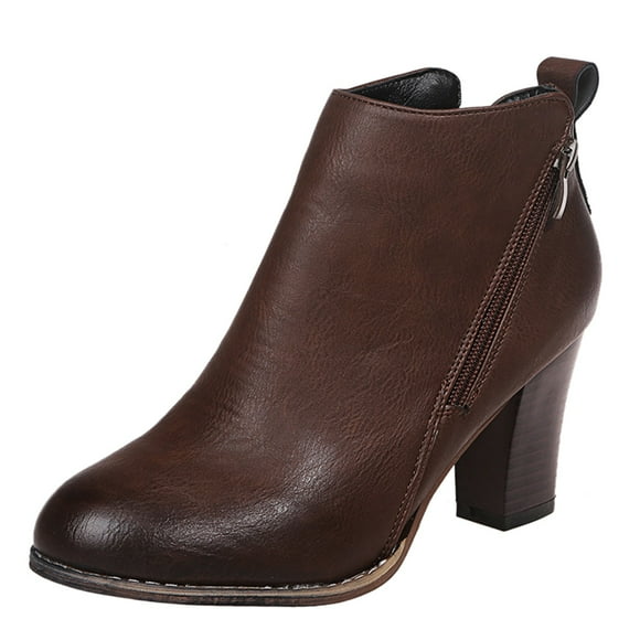2025 Retro Women Leather Square Leather Boots for Women Booties Heel Zipper Solid Color Womens Boots with Heel Extra Wide Calf Short Booties Round Toe Womens Wedge Booties and Boots Shoes