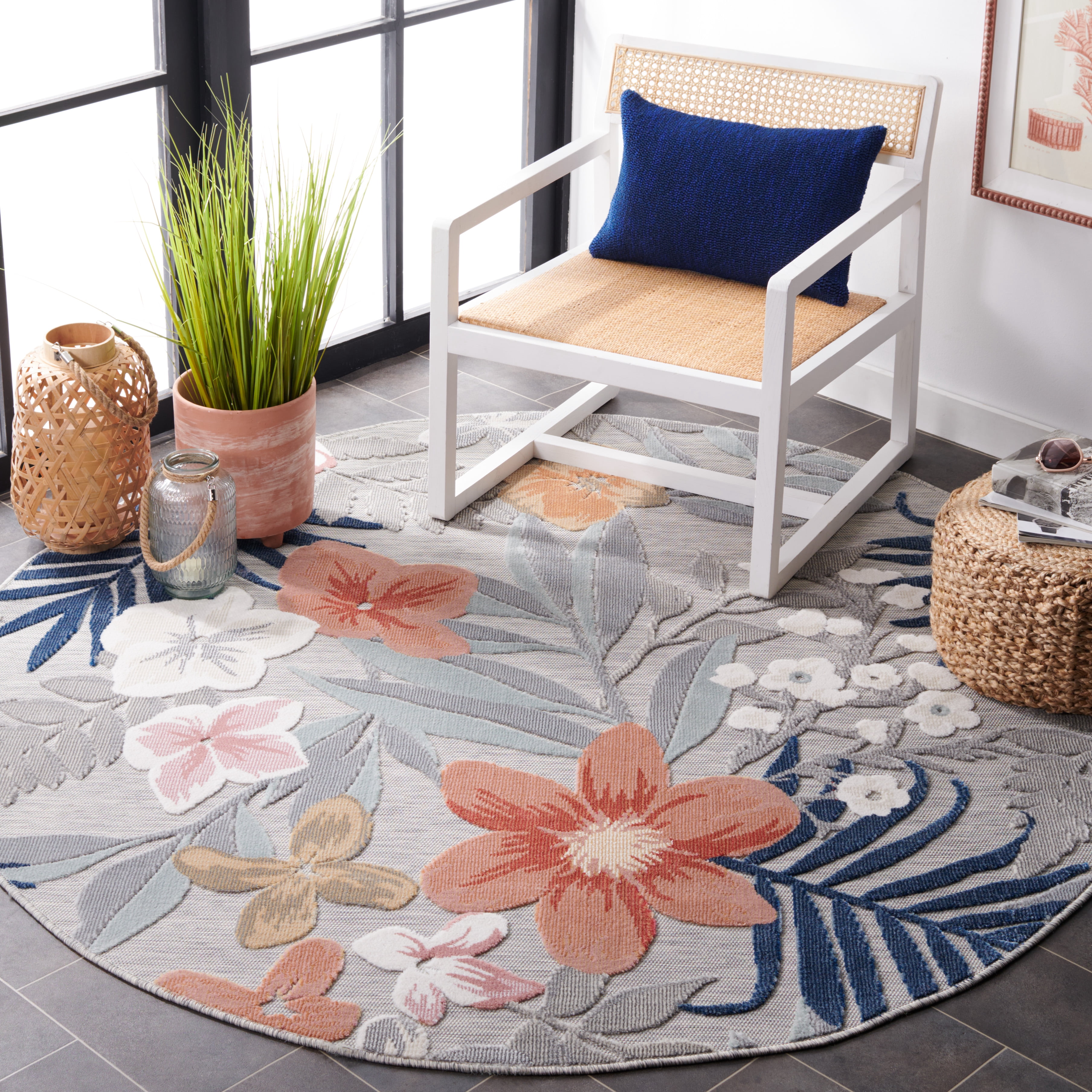 Safavieh Cabana Caris Floral Indoor/Outdoor Area Rug, Gray/Rust, 5'1" x 5'1" Round