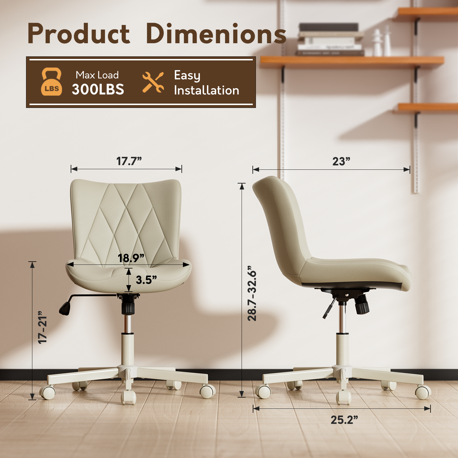 HomeZeer Space Saving Armless Office Chair with Wheels, Adjustable Height PU Leather Swivel Computer Task Chair, Soft Padded Mid Back Vanity Chair Design for Home Office & Small Spaces, Beige