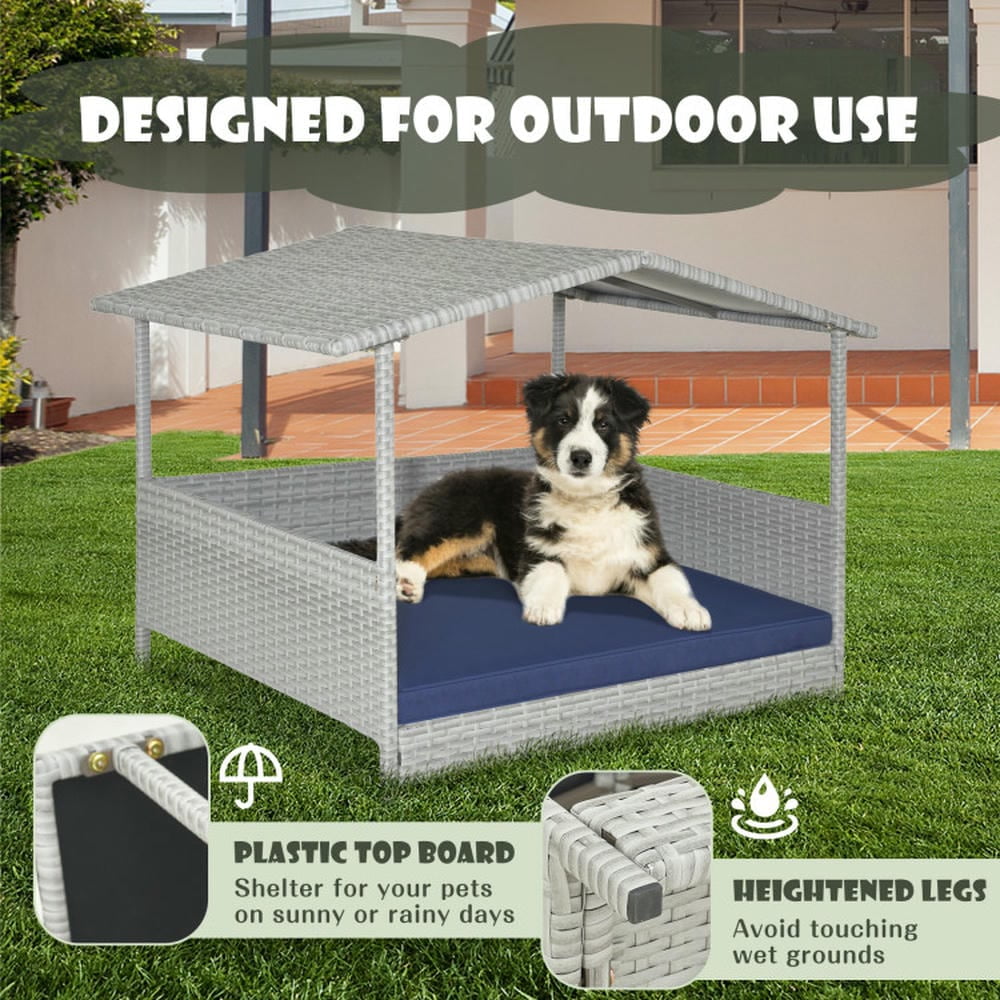 Spaco Wicker Dog House with Waterproof Roof and Washable Cushion Cover-Navy, Dog House, Indoor Outdoor Durable Ventilate Waterproof Pet Dog House