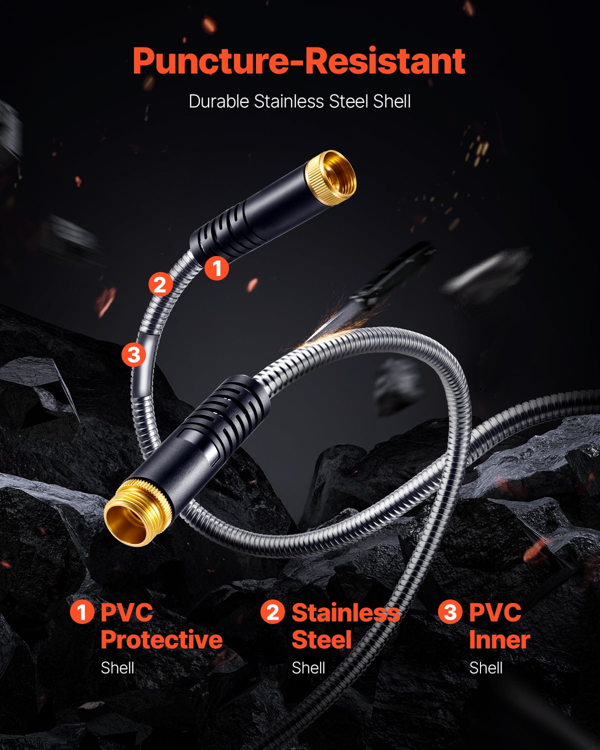 KFFKFF 75 ft Metal Garden Hose, Durable Stainless Steel Water Hose with 10-Function Spray Nozzle, Flexible & No-Kink, Lightweight Outdoor Water Pipe for Outdoor, Yard