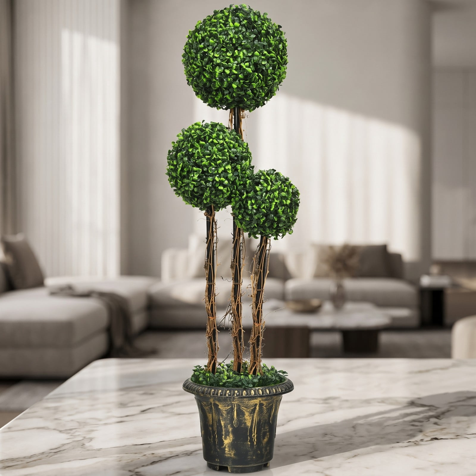 ALPULON 4 Feet Artificial Topiary Triple Ball Tree, UV Resistant Faux Boxwood Plant with Cement-Filled Pot for Indoor Outdoor Front Porch Patio Home Office Decor, Green