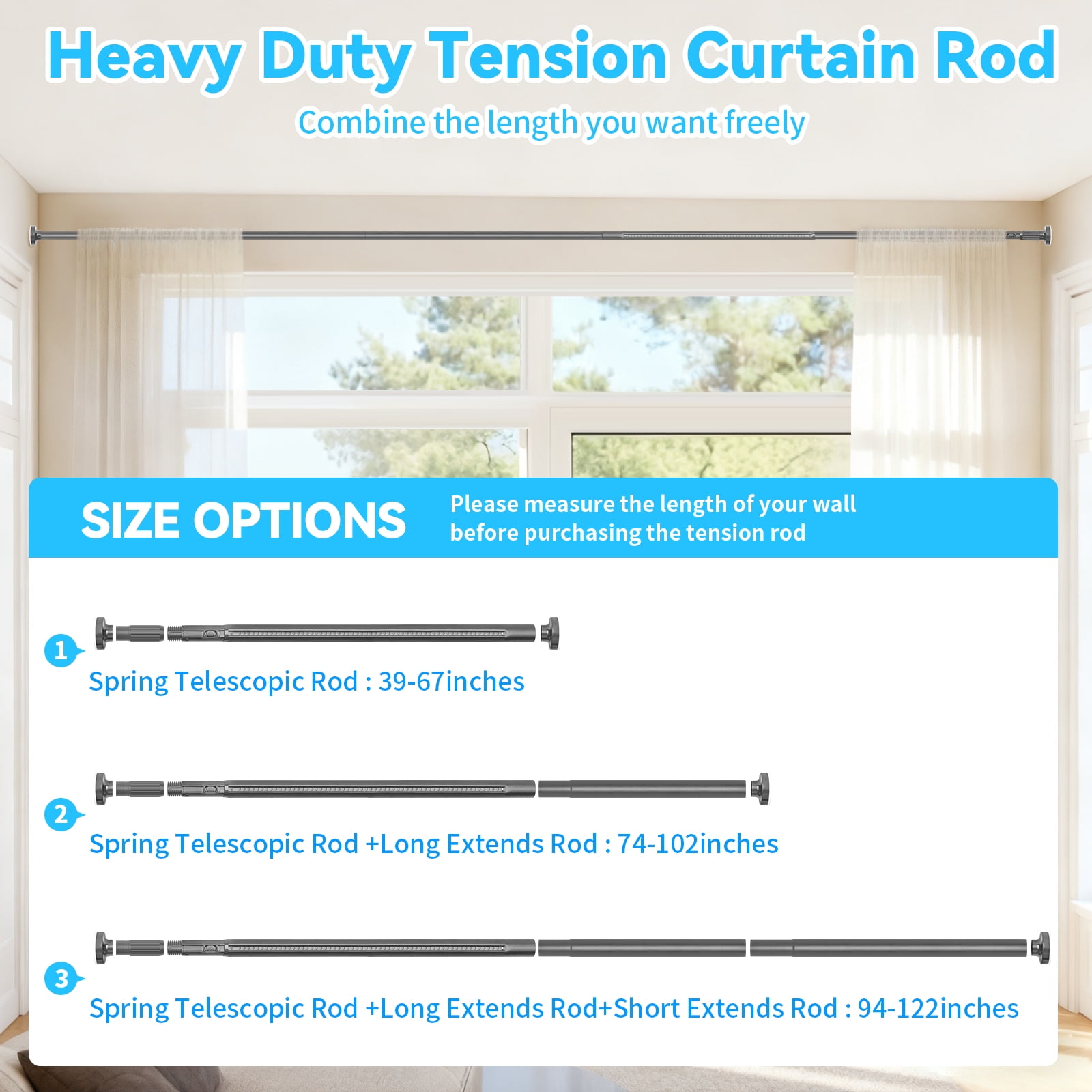 Ktinnead One-Push Tension Curtain Rod,94-122 in Extra Long Curtain Rods No Drill Adjustable Spring Shower Curtain Rod,Rustproof Steel for Window Patio Outdoor Bathroom,Matte Gray