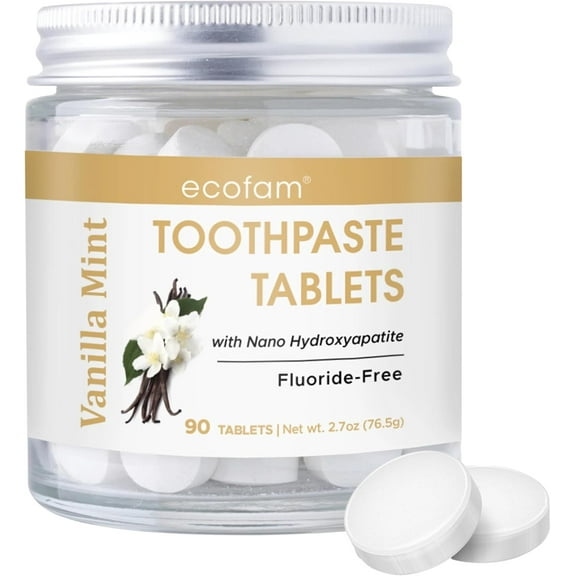 Ecofam Chewable Xylitol Toothpaste Tablets - 90 Natural Whitening Paste Tabs - Glass Jar - Fluoride-Free - Nano Hydroxyapatite - SLS Free - Made in USA - (Vanilla Mint)