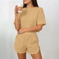 thumbnail image 2 of Women Pajama Set Solid Hollow Breathable Split Hem Short Sleeve Top with Casual Shorts Outfit, 2 of 5
