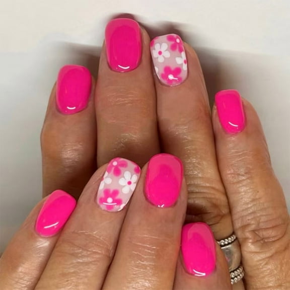 24 Pcs Press On Nails Short Square Full Covers False Nails Glossy Stick on Nails Artificial Nails with Flower Designs