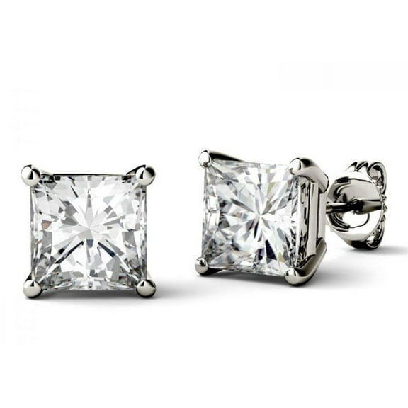 JeenMata Solitaire 4 Carat Princess Cut Moissanite Stud Earrings in 10k White Gold