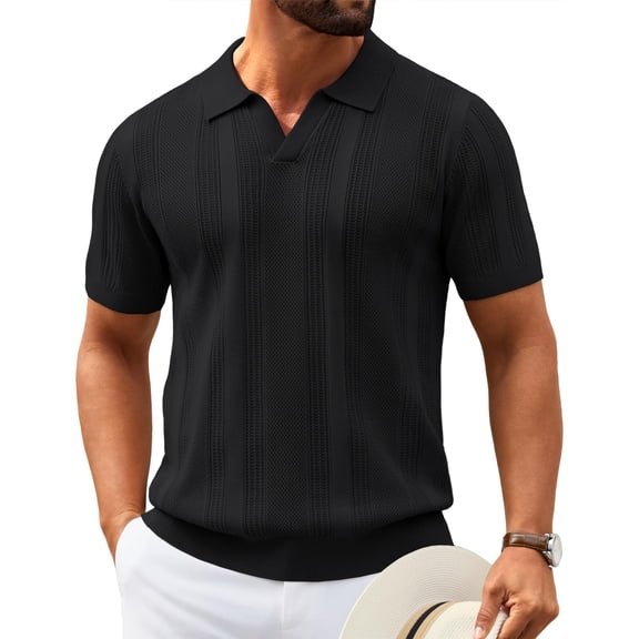 COOFANDY Black Polo Shirts for Men Textured V Neck Knit Polos Short Sleeve Casual Golf Shirts Fashion Polos