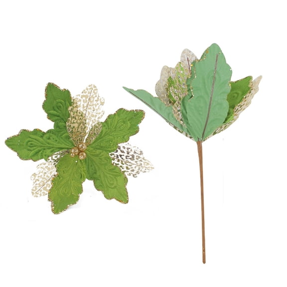 SLYNSHome Artificial Flower Glitter Poinsettia Flowers - 13.7 inch - Fade Resistant - for Christmas Tree Ornament Wedding Party Home Decoration (Green)