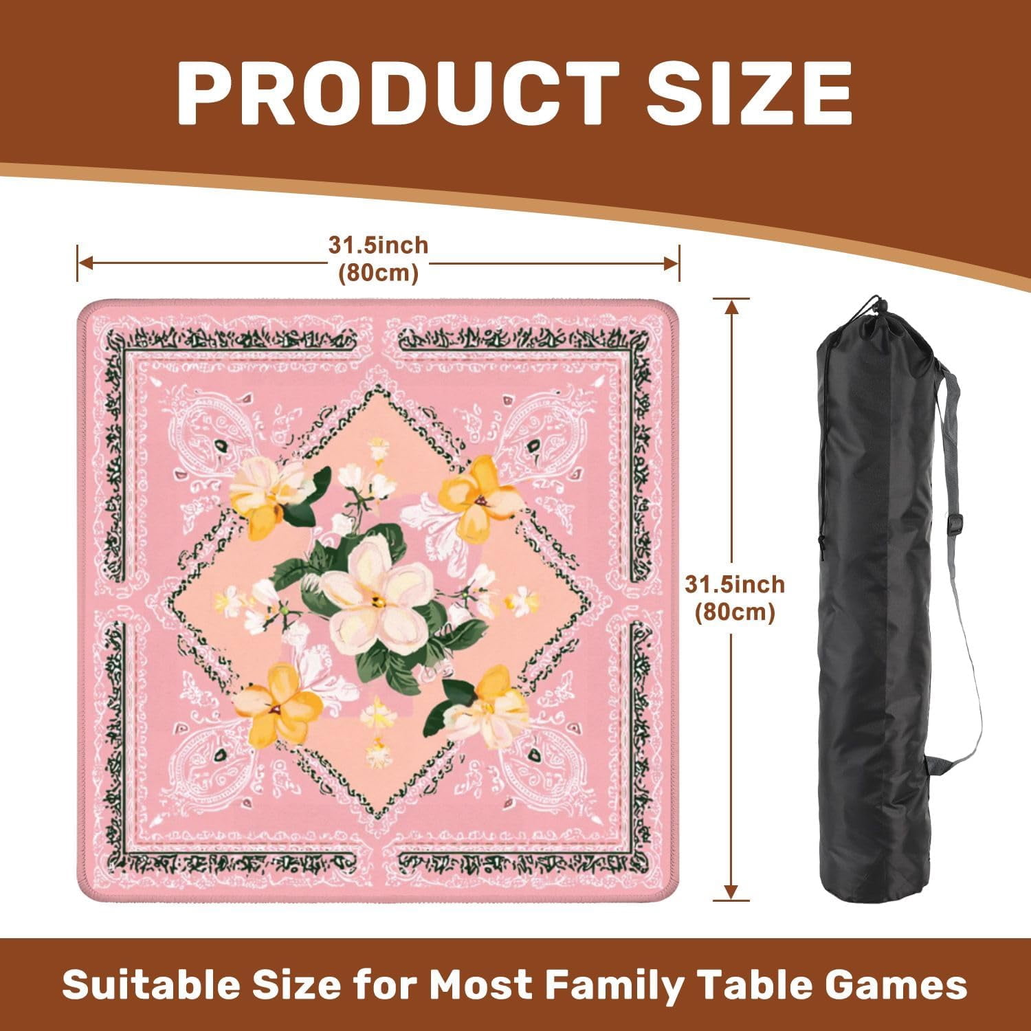 Mahjong Mat 31.5" x 31.5" Floral Bandana Pink Yellow Flowers Soft Pink Non-Slip Noise Reduction Mahjong Tiles Table Cover for Dominoes Poker Card Board and Tile Games